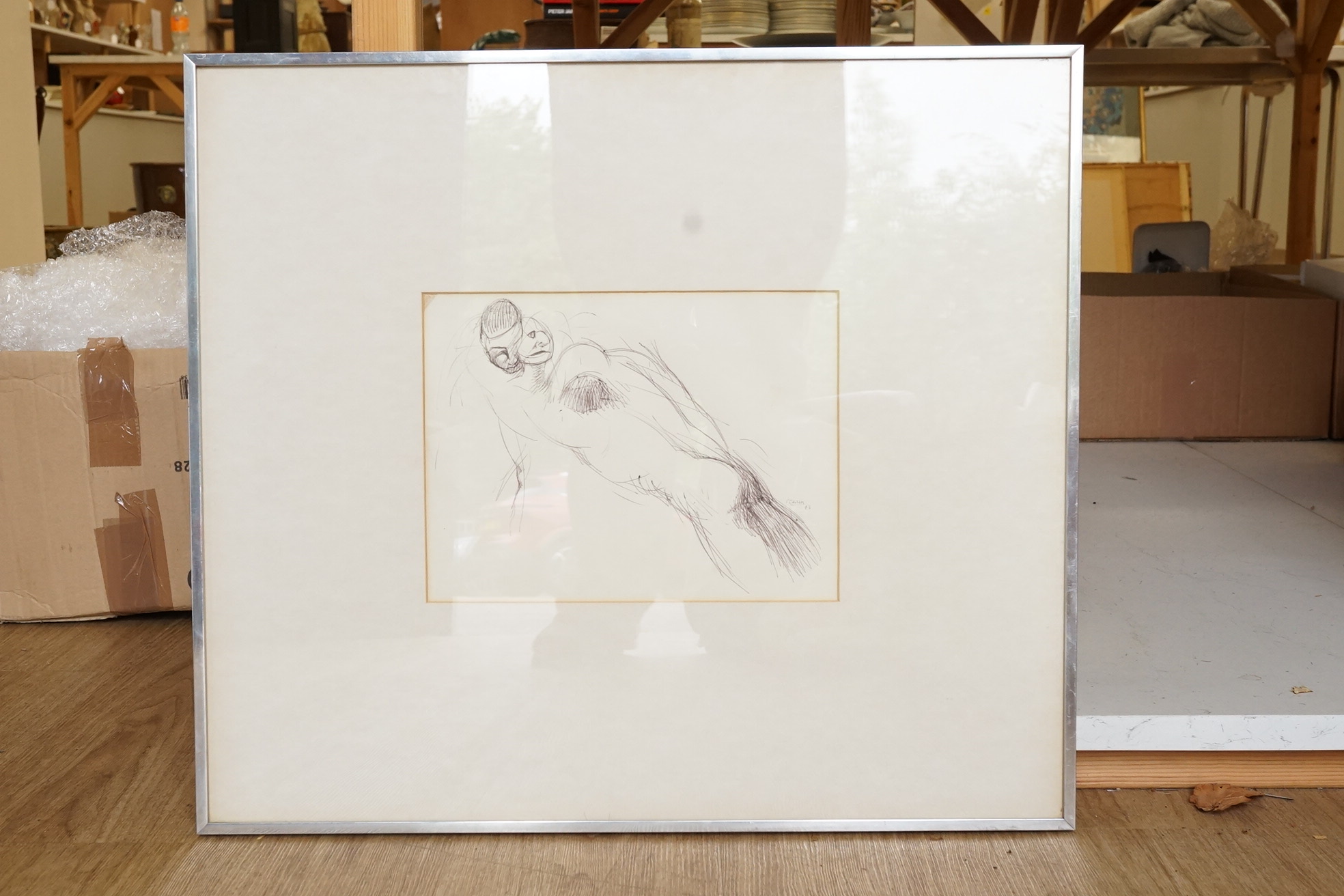 Kevin Pearsh (b.1951), Stylised embracing couple, signed, ink sketch, 20 x 27cm
